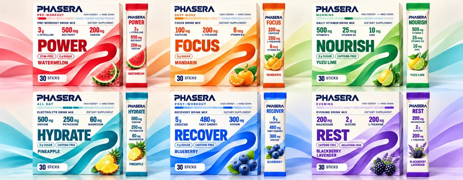 All six PHASERA cartons and stick packs in a row, from POWER in red to REST in purple, with their key actives printed on the front