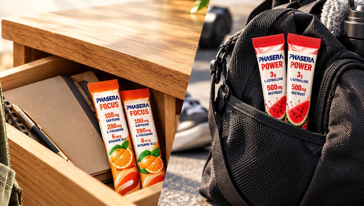 PHASERA FOCUS sticks in a desk drawer and POWER sticks in the pocket of a gym bag